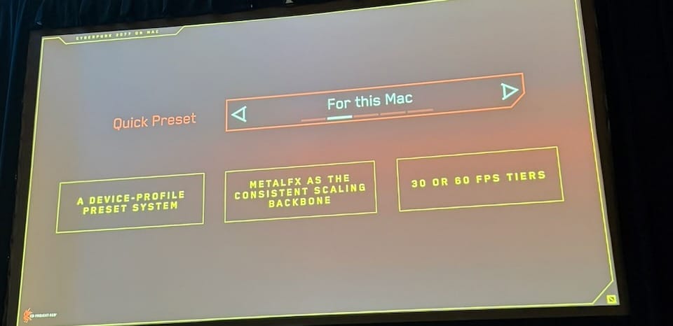 For this Mac: device-profile preset, MetalFX scaling backbone, 30 or 60 FPS tiers