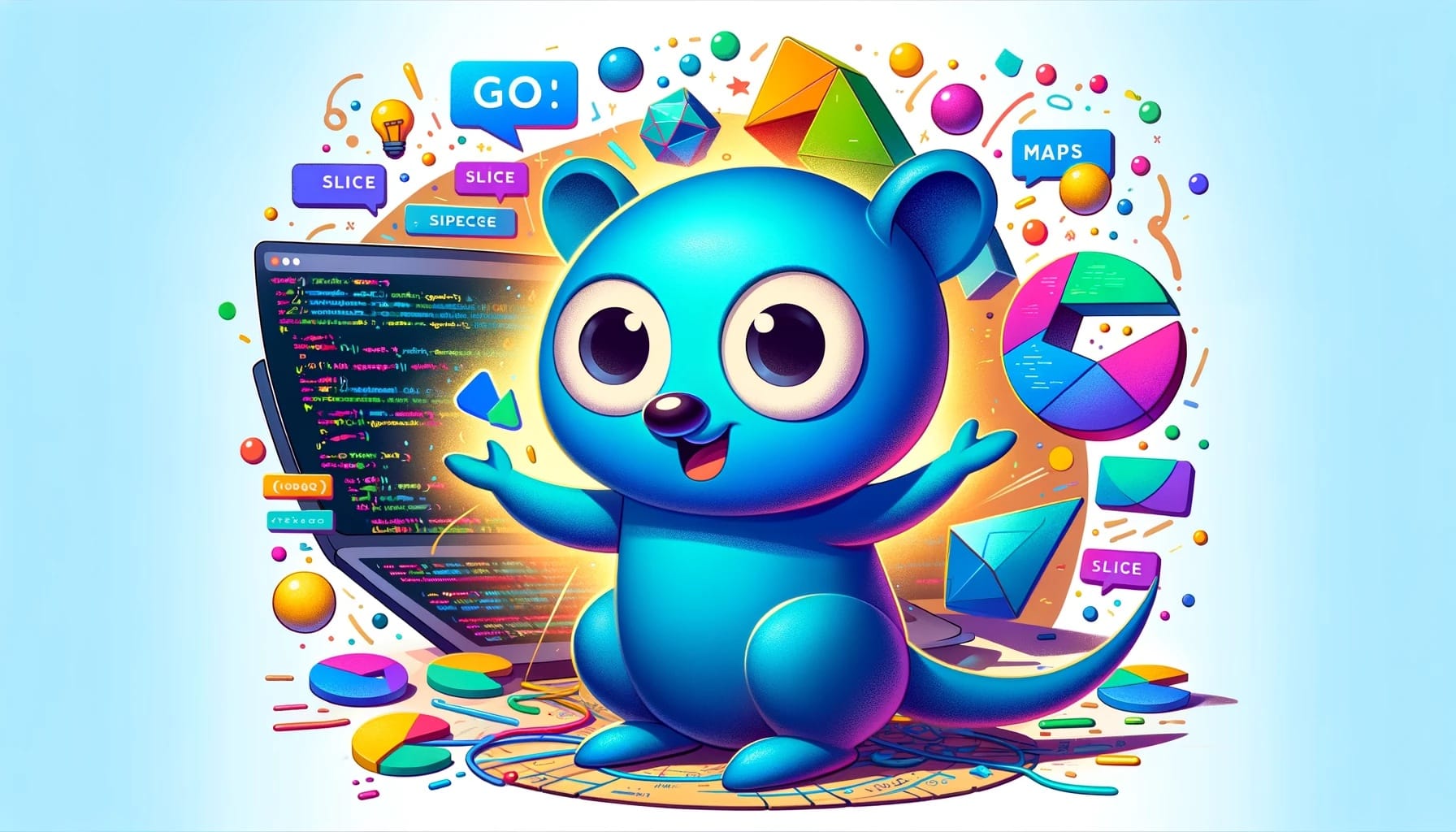 Go Reference Type Slices vs Maps - DALL E 2023 12 21 13.32.13 A Dynamic Cartoon Style Illustration Ideal For A Blog Feature Image Showcasing A Blue Colored Gopher The Mascot Of The Go Programming Language. Thi 
